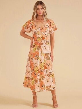 MINKPINK Peach & Orange Floral V-Neck Midi Dress